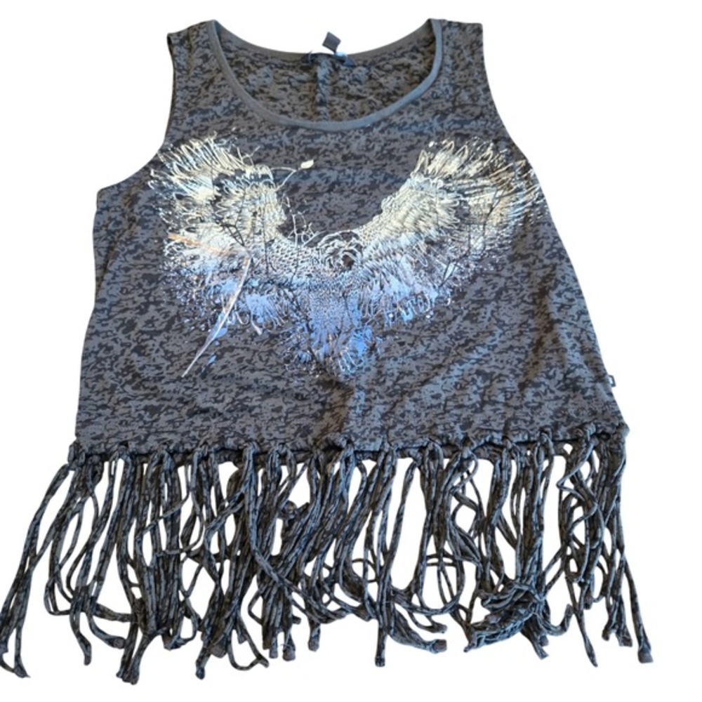 Rock & Republic Gray Fringe Tank Top with Metallic Wing Graphic
